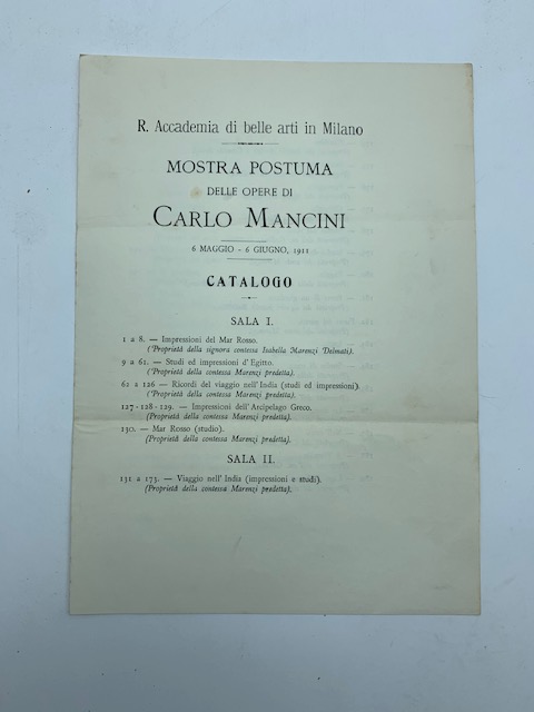 R. Accademia di Belle Arti in Milano. Mostra postuma delle opere di Carlo Mancini 6 maggio-6 giugno 1911. Bifoglio